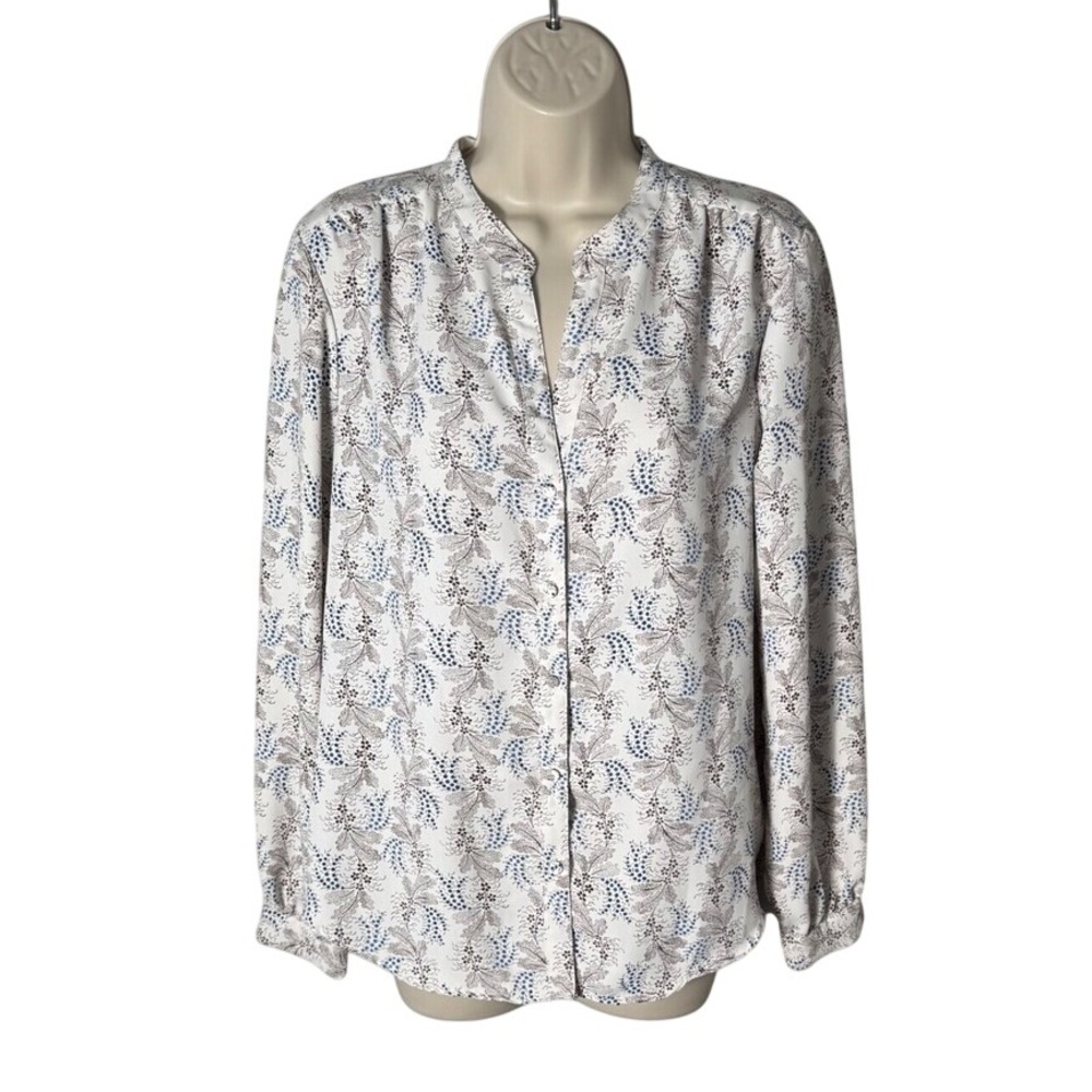 Ann Taylor Floral Split Neck Blouse White Sz M Long Sleeve Button Front Top